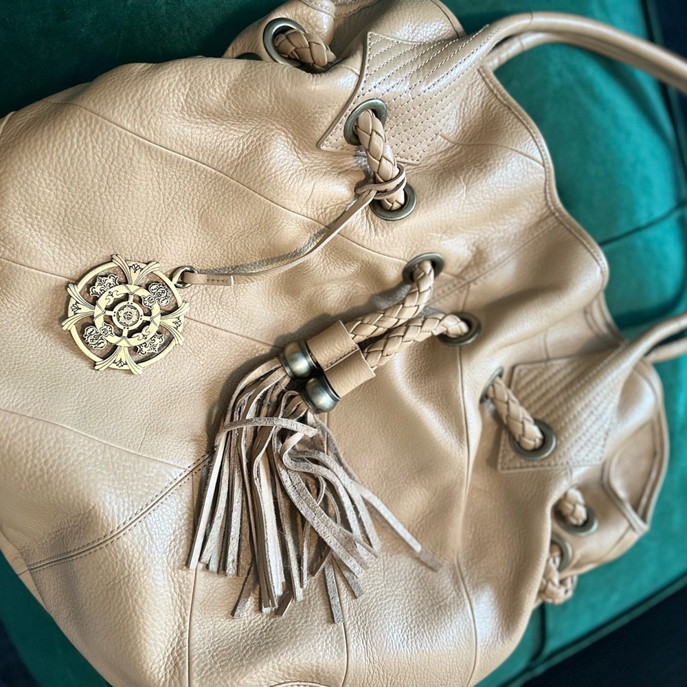 Kate Landry Couture Collection Leather Drawstring Tote with Medallion & Tassels